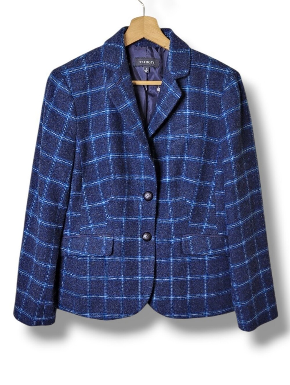 Talbots Blue Heritage Blazer • Size 8 Wool Blend Windowpane Mallard Duck Lining